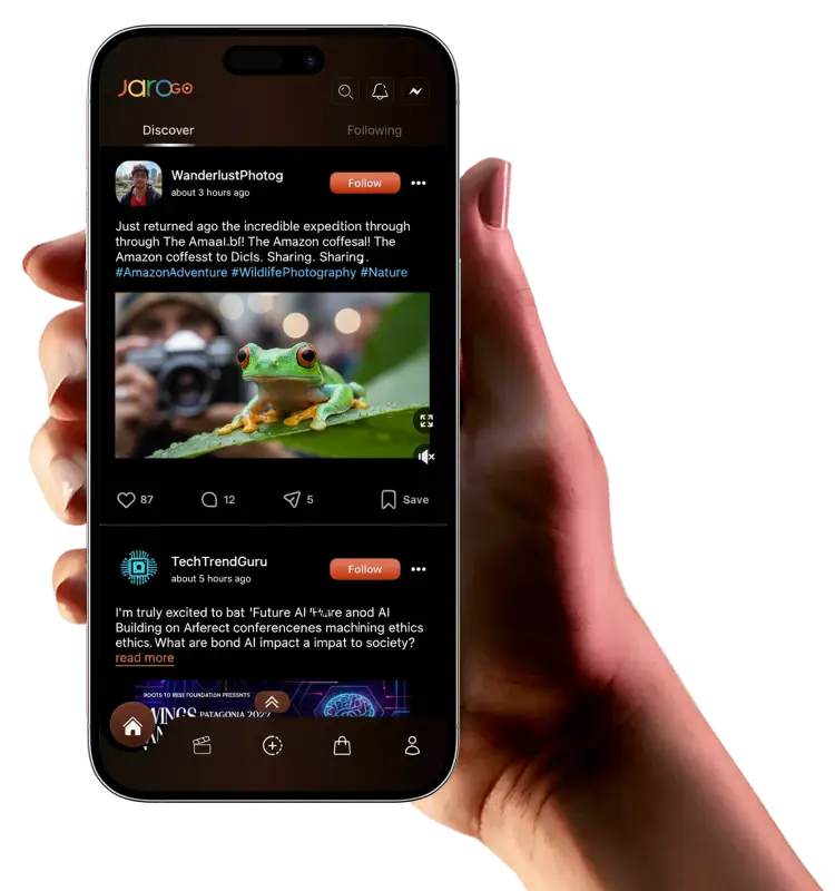 Hand holding a smartphone displaying the JaroGO marketplace app